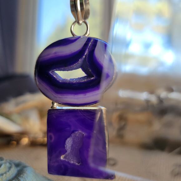 Purple Agate Geode Pendant Sterling Silver, Handmade Boho Crystal Jewelry - Picture 3 of 10